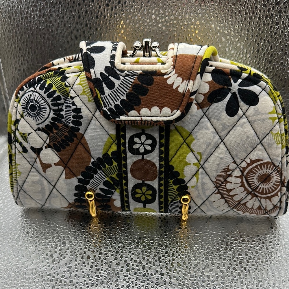 White and Brown Quilted Wallet with Eclectic Design